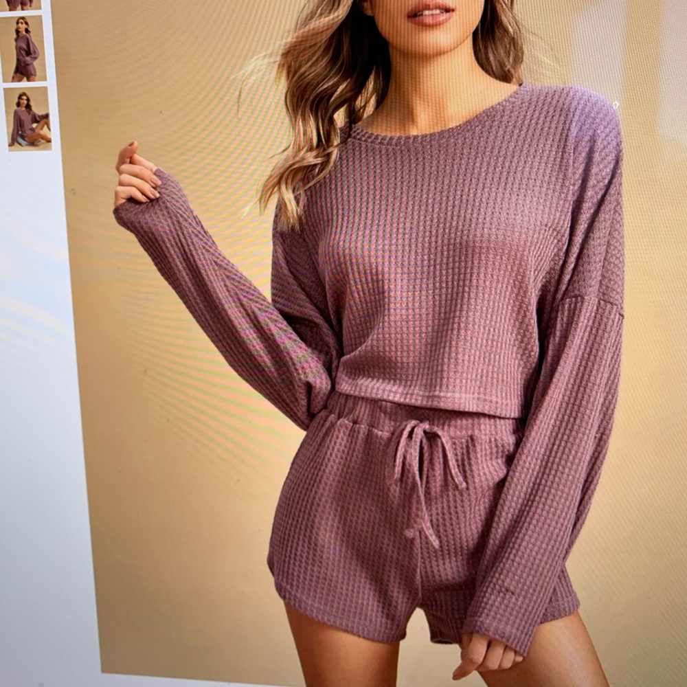 Lounge set mauve waffle shorts and crop long sleeve tee